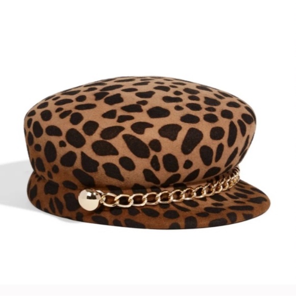 🆕EUGENIA KIM CAMEL BROWN LEOPARD SABRINA HAT WITH GOLD CHAIN - Picture 5 of 10